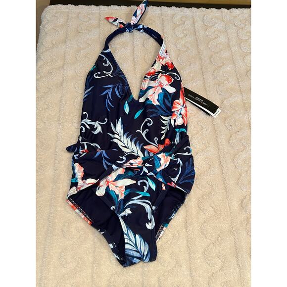 Carmen Marc Valvo V-Neck Halter One Piece Swimsuit - Tivoli Garden NWT Size 10 - Picture 3 of 10